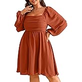 RWJ Womens Long Sleeve Mini Dress 2025 Fall Elegant Square Neck A Line Ruched Smocked Wedding Guest Party Plus Size Dresses
