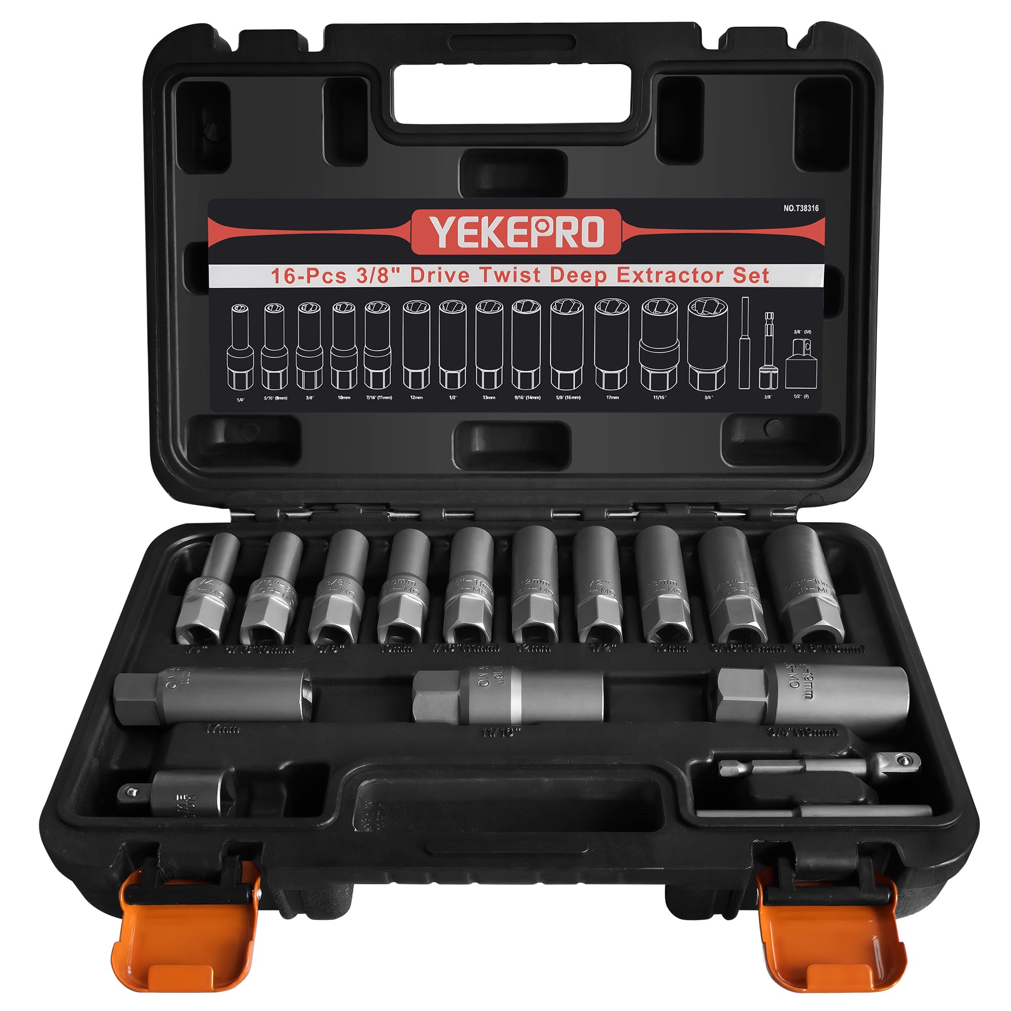 Photo 1 of YEKEPRO 16pcs 3/8" Deep Well Bolt Extractor Set, Spark Plug Removal Extraction Socket Tool, Extractor Set for Damaged, Frozen, Rusted, Rounded-Off Bolts, Studs, Nuts & Screws, Cr-Mo Steel