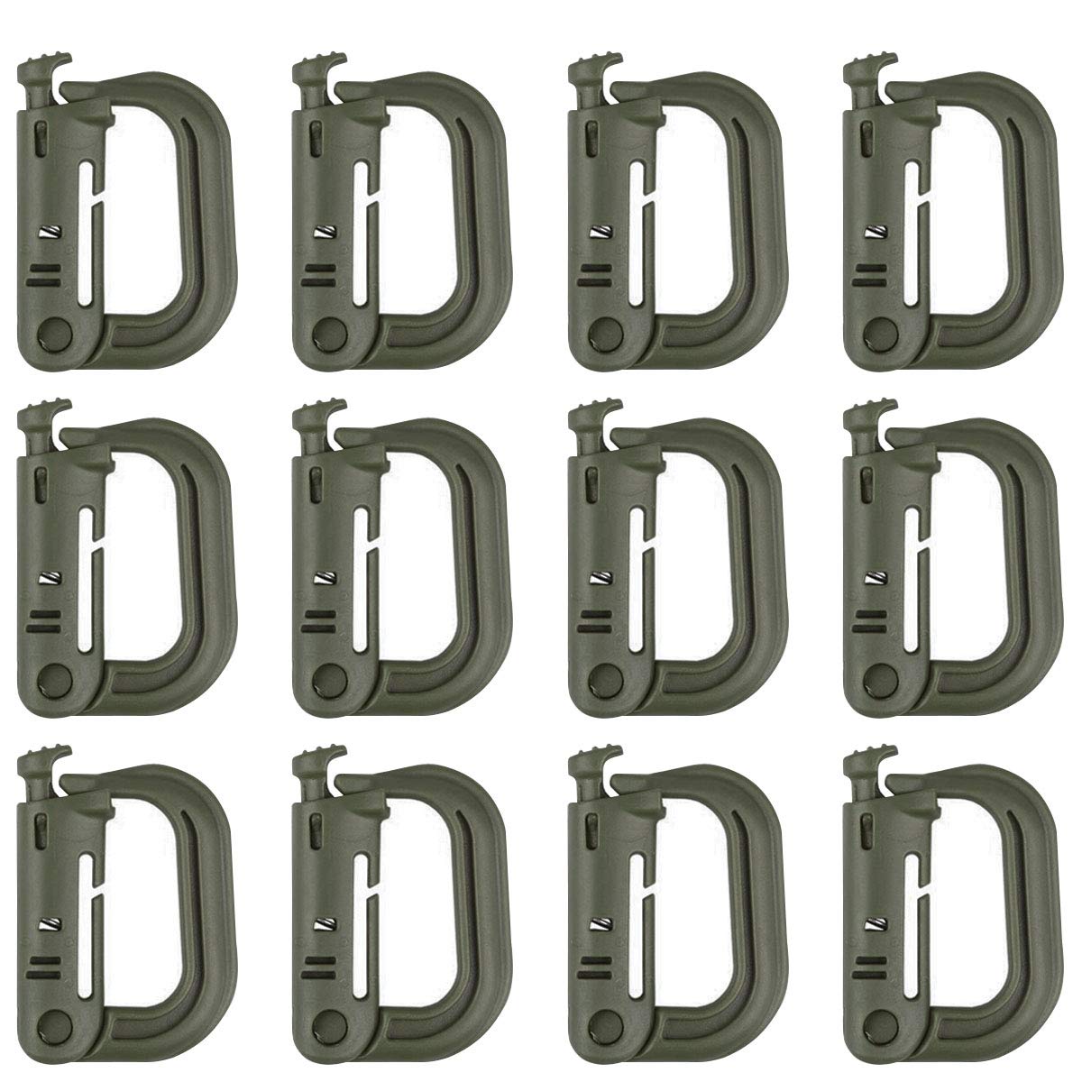 12 Pack Multipurpose D-Ring Grimlock Locking, Tactical Hanging Hook Link Snap Keychain Button Release for Molle Webbing (OD)