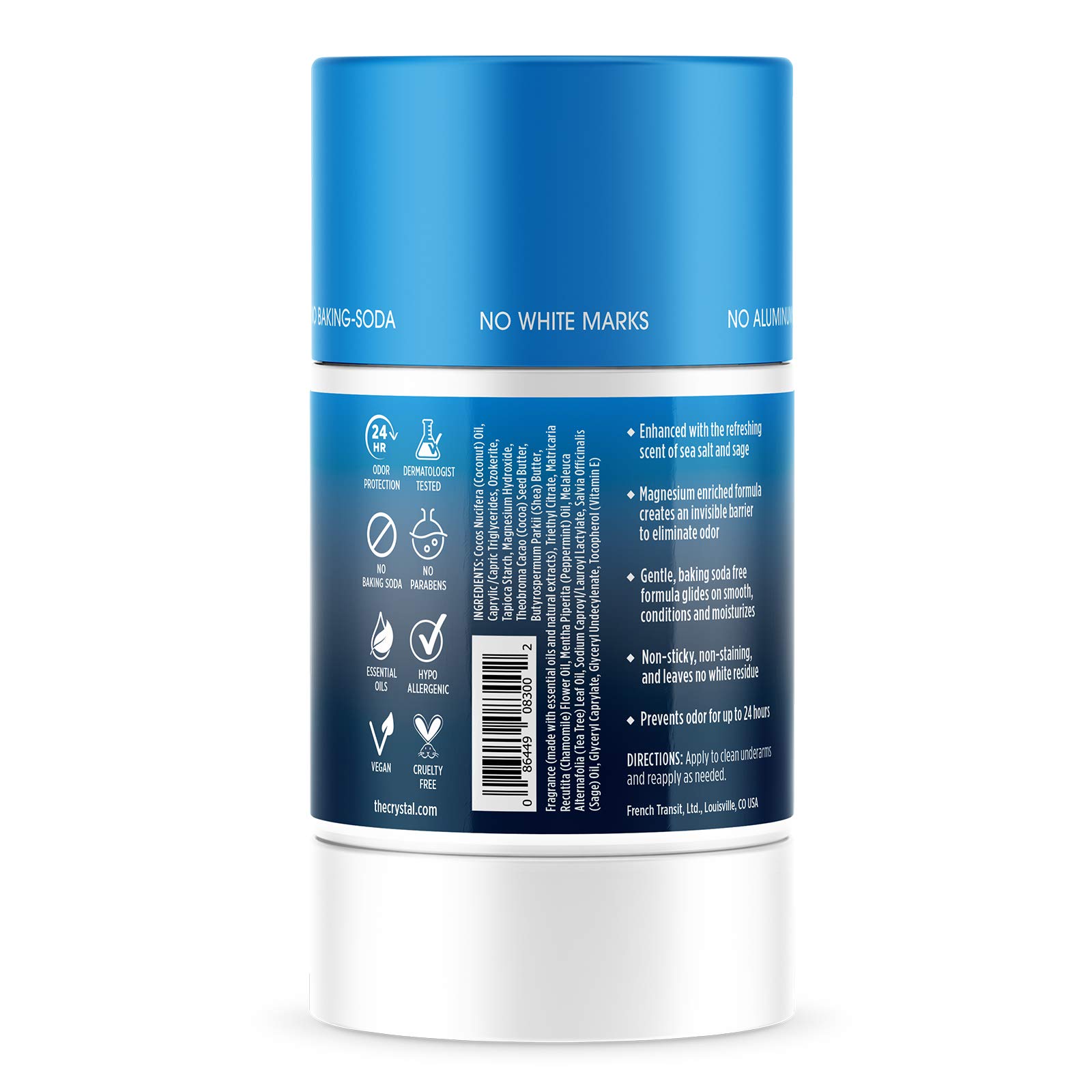 Crystal Magnesium Solid Stick Natural Deodorant, Non-Irritating Aluminum Free Deodorant for Men or Women, Safely and Effectively Fights Odor, Baking Soda Free, Sea Salt + Sage, 2.5 oz