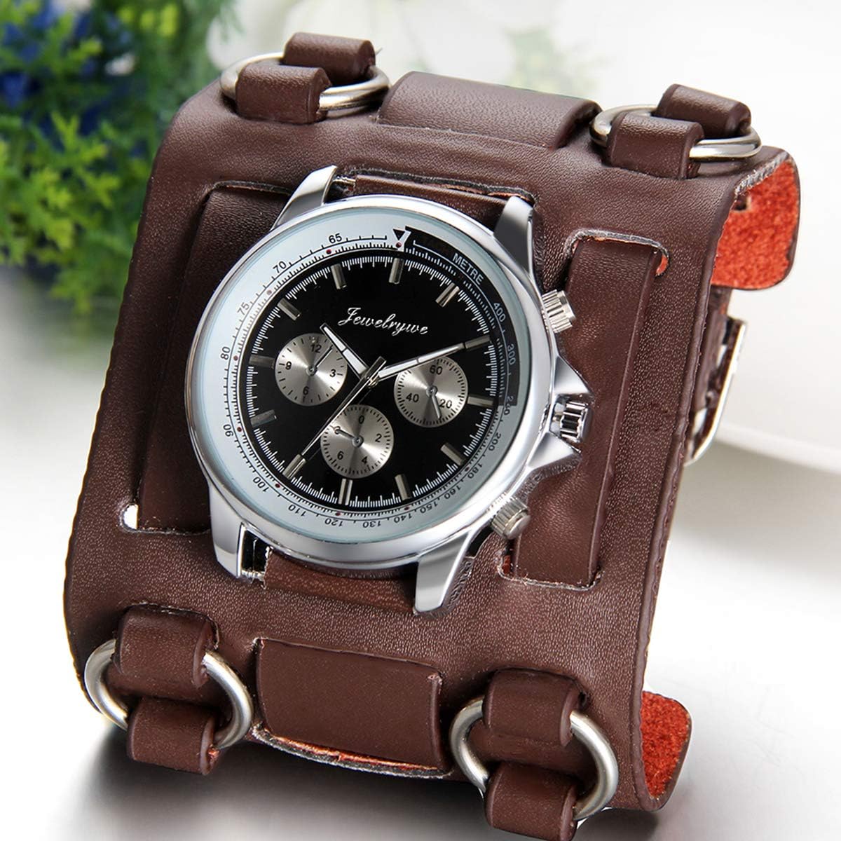 JewelryWe Hip-hop Gothic Leathernk Style Mens Wrist Watch 74MM Wide Brown Leather Cuff Watches, Fathers Day Present - Image 5