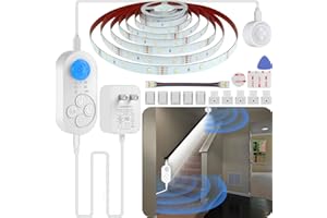 NIVOTA Dual Sensor Stair Lights Indoor: Plug-in Motion Activated LED Step Light Strip with Double Motion Sensors, Dimmer, and Timer for Stairways, Bedrooms, Corridors - Cold White 6000K, 32.8FT, 300 LEDs