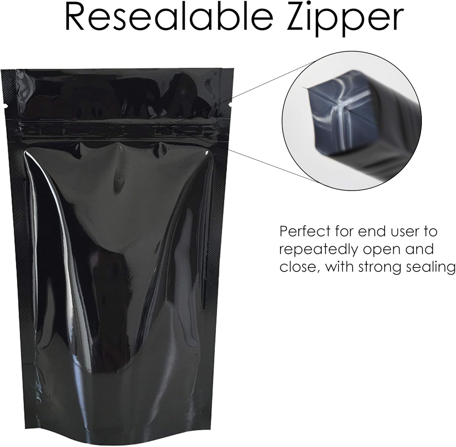 Rightpak Stand Up Pouches 25 Pieces 11cm x 17cm, Black Shiny Heat Sealable Tear Notches Smell Proof for Food Storage With Ziplock - Image 3