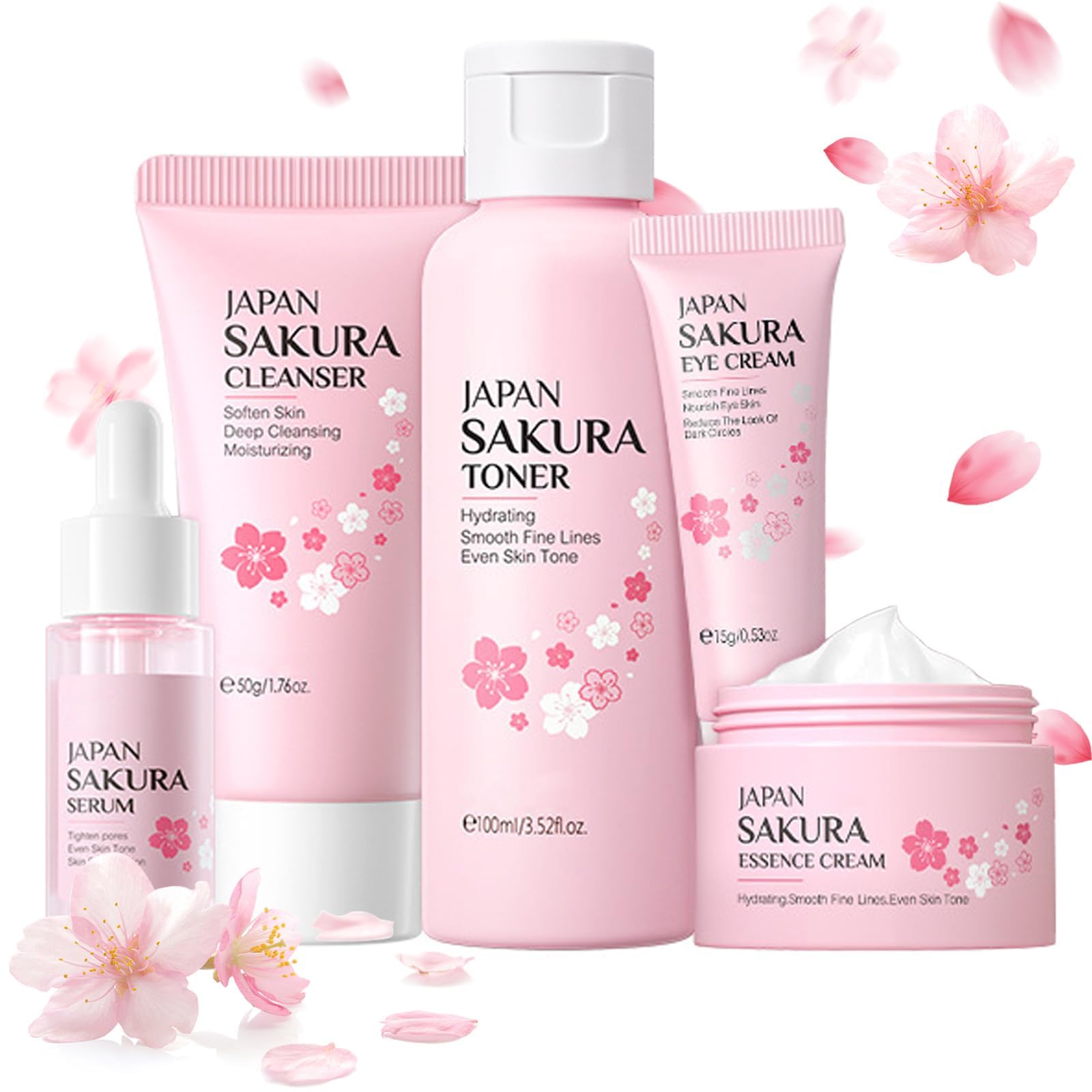 Skin Care Sets & Kits, Cherry Blossom Skin Care for Teenage Girls, Skincare Gift Set with Cleanser, Toner, Serum, Essence Cream,Eye Cream, Skin Essentials Travel Kit All Skin Types