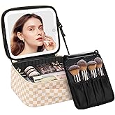 Chomeiu Makeup Bag with LED Mirror, Travel Makeup Case for Women and Makeup Artists Cosmetic Organizer Large Make Up Bags with Light Up Mirror, 3 Color Lights, Adjustable Dividers, Light Checkerboard