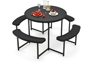Giantex Picnic Table Bench Set for 4-8 Person, Round 37” Outdoor Dining Table w/Umbrella Hole, HDPE Tabletop, Metal Frame, Patio Furniture Set for Backyard Porch Lawn, 1400lb Capacity (Black,Round)