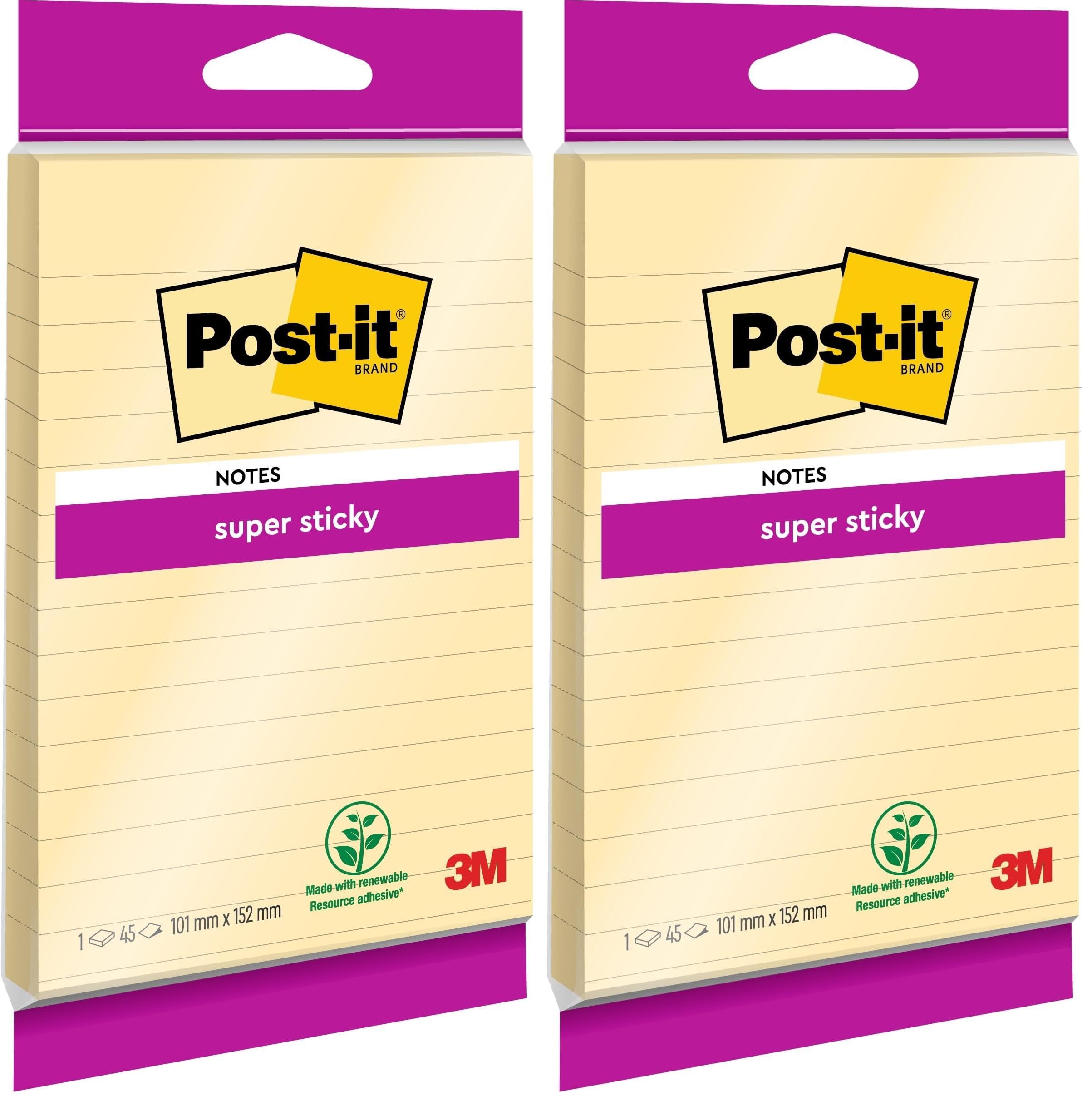 Post-it 703195 101 x 152 mm Super Sticky Lined Notes - Canary Yellow (Pack of 2)