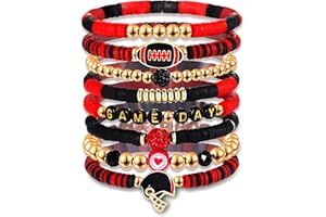 NVENF Game Day Bracelets for Women - Red, Black, Blue Heishi Clay Beaded Stretch Bracelets - Stackable Sports Charm Bracelet Bangles - Football Mom Accessories & Outfits Jewelry Gifts
