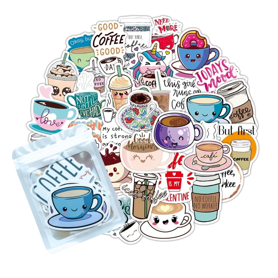 HNTR® Coffee Stickers | 50 Aesthetic Stickers with Fun Coffee Art for Journals, Books, Scrapbooks & Laptops — image 1