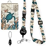 bolimoss Sea Turtle Lanyards for ID Badges, Cute Leather ID Badge Card Holder with Detachable Adjustable Neck Lanyard Strap,Retractable Badge Holders with Quick Release Buckles for Teacher Student