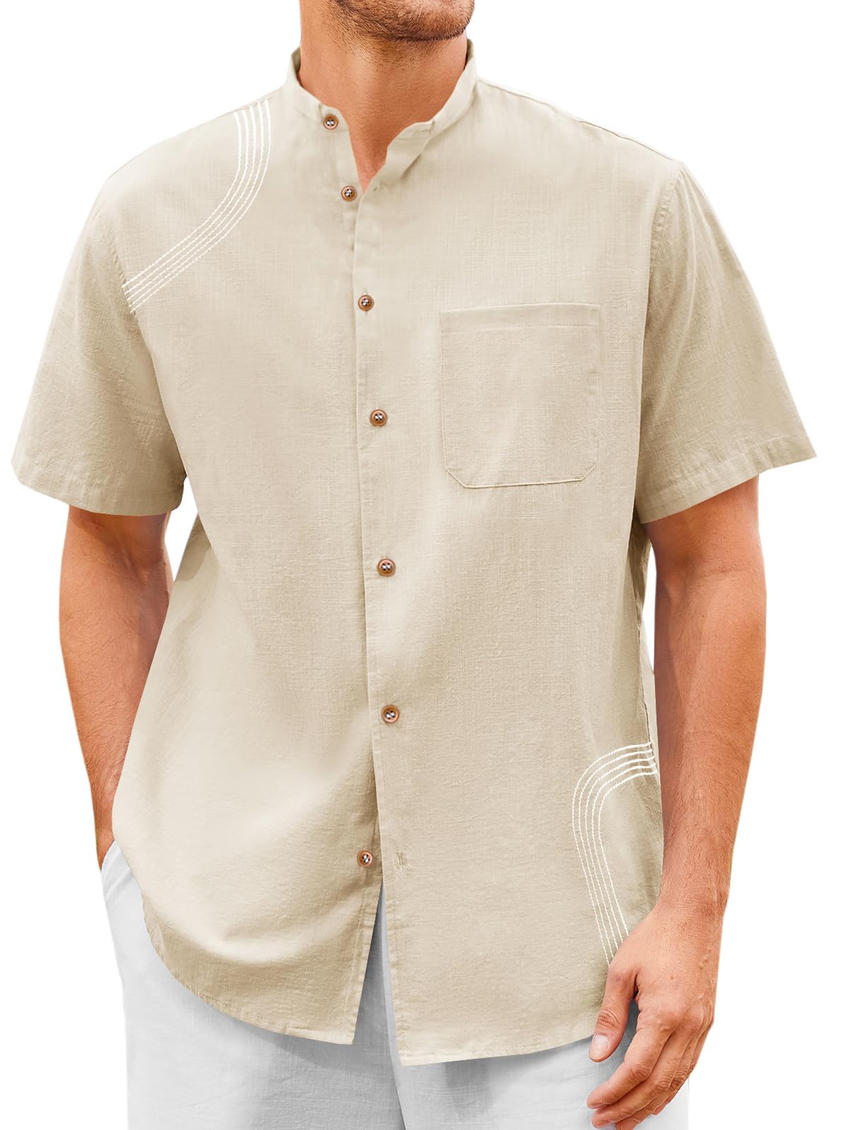 Runcati Mens Button Down Linen Shirts Casual Short Sleeve Embroidered ...