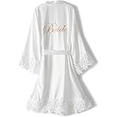 Women's Lace Trim Kimono Robe Bride Bridesmaid Satin Bridal Robes with Embroidered Getting Ready Sleepwear