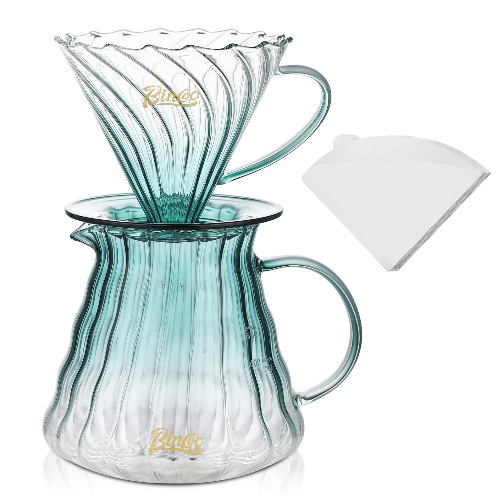 Bincoo 600ml Pour Over Coffee Maker Set with Dripper Size 02,Glass Coffee Server Set,Glass Coffee Dripper with Wood Stand&Filter Paper for Home Office (Green)