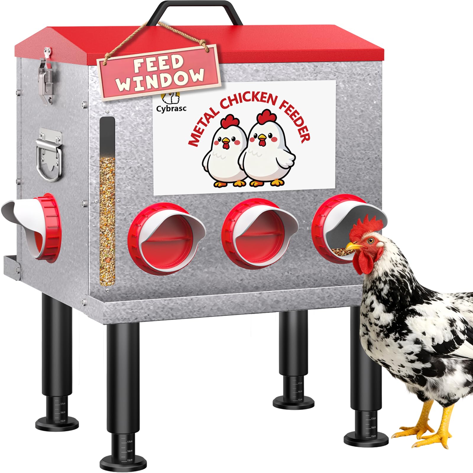 Photo 1 of 10-Gal 55LB Metal Chicken Feeder with Window, Dual No-Waste & Rat-Proof Design, Automatic Large Chicken Feeder for Outdoor Coops, Rust-Proof Alloy Steel Poultry Feeder with Adjustable Legs