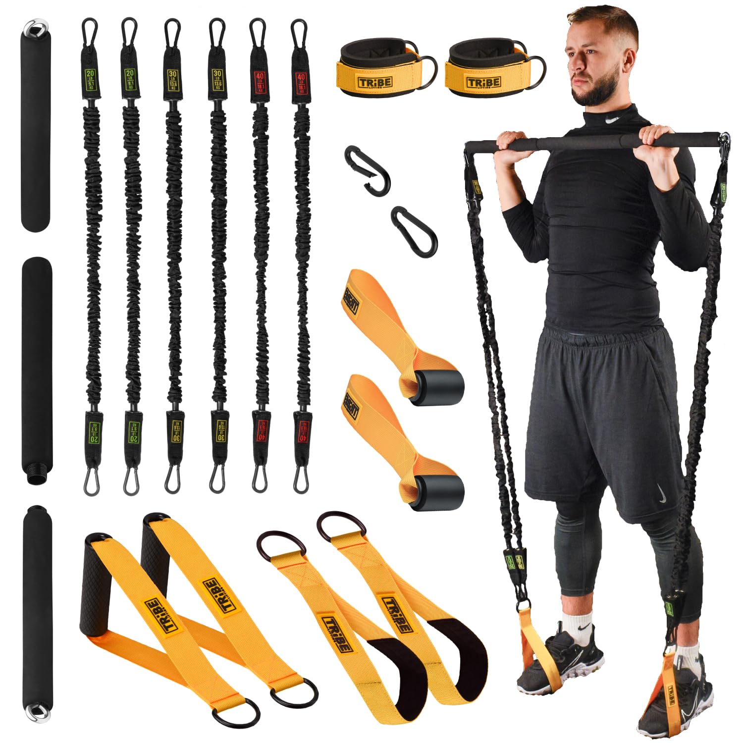 Photo 1 of Tube Resistance Bands for Working Out Men and Women - Exercise Bands Resistance Bands Set, Resistance Band Bar, Handles, Ankle Straps, Foot Straps and Door Anchor, Tube Workout Bands (Yellow)