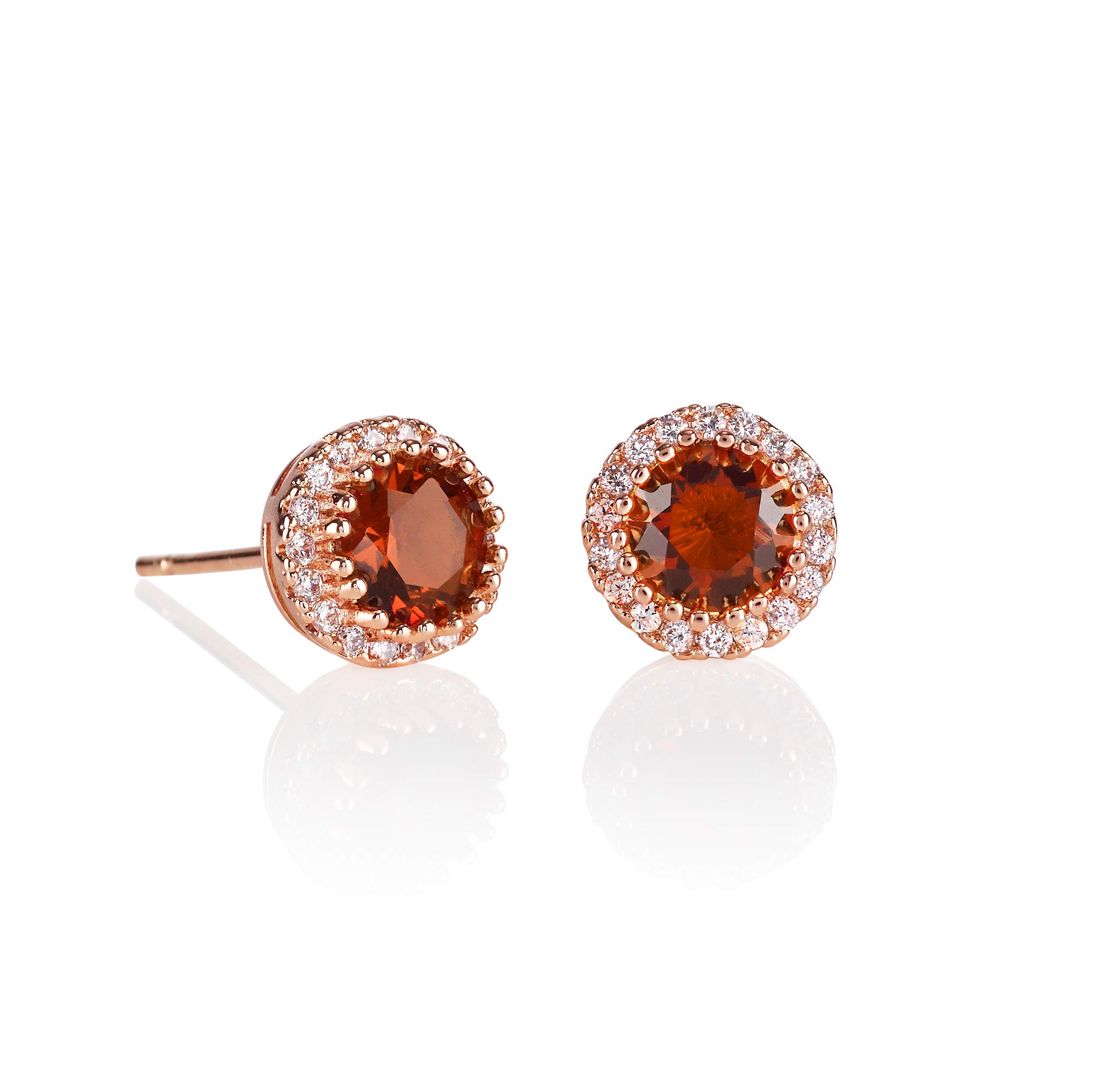 Namana Rose Gold Halo Stud Earrings for Women With Ruby Red and Clear Cubic Zirconia Stones, Simple Red Earrings