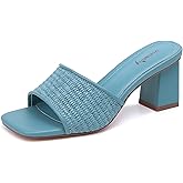 vivianly Women's Low Block Heels Sandal Square Open Toe Chunky High Heels Slip on Heeled Sandals Mules Slide for Party Wedding Dress Shoes
