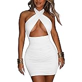 Women's Sexy Ruched Bodycon Halter Criss Cross Cut Out Backless Mini Club Party Dresses