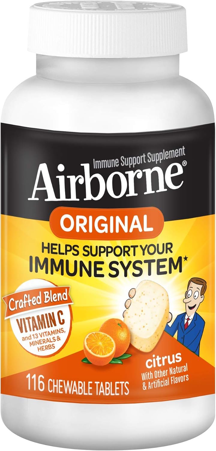 Vitamin C 1000mg - Airborne Citrus Chewable Tablets (116 count in a bottle), Gluten-Free Immune Support Supplement and High in Antioxidants, Packaging May Vary, 116 Count: Health & Personal Care