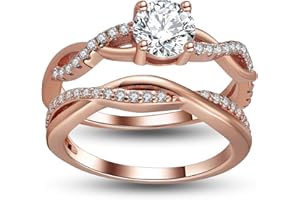 GINGER LYNE COLLECTION Queena CZ Wedding Ring Set for Women 14k or Rose Gold Plated Sterling Silver Engagement Ring and Band Set Fake Engagement Rings for Women, Travel Wedding Ring Set, Cubic Zirconia Promise Rings for Her