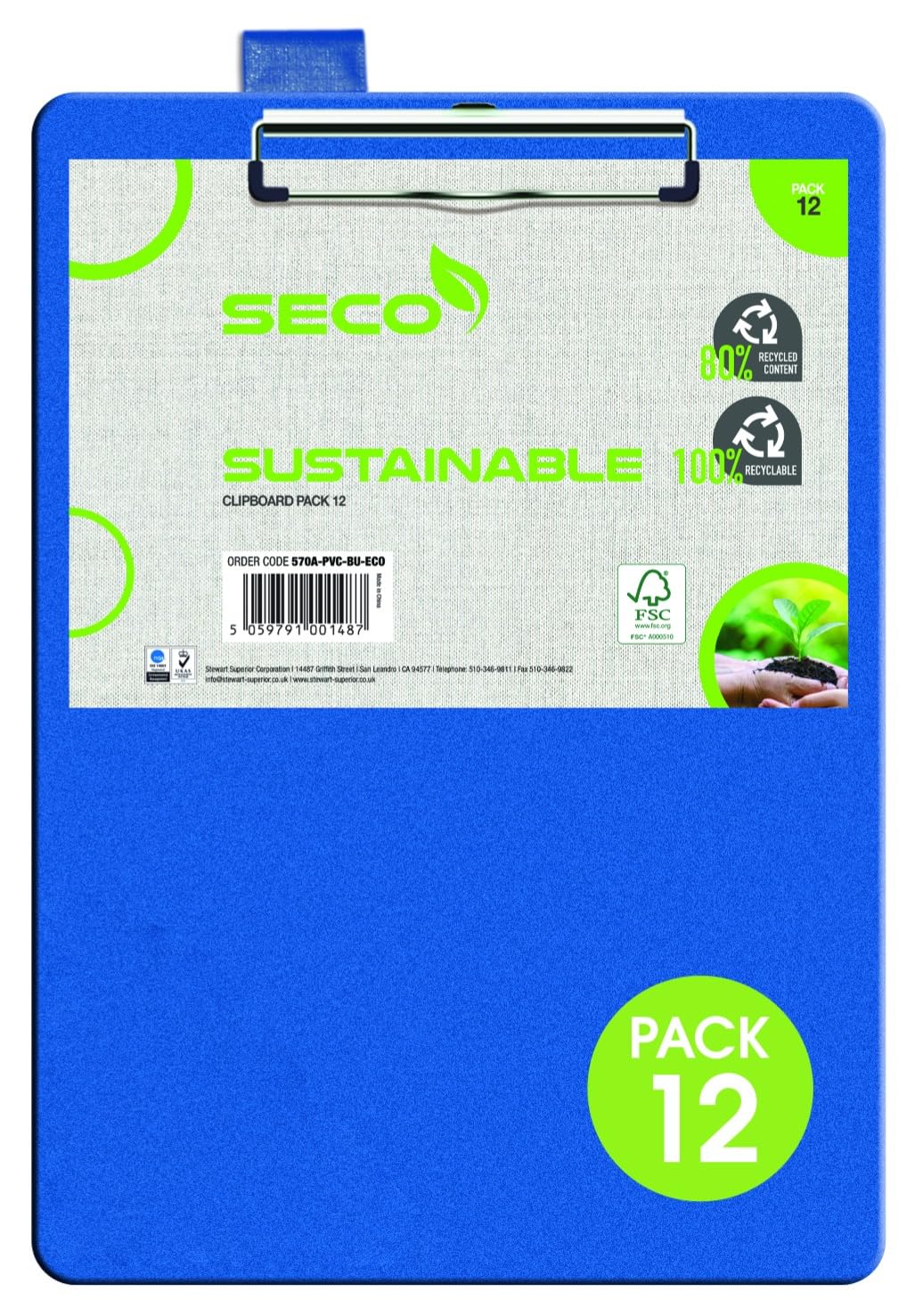SECO A4 PVC Covered Clipboard with Heavy Duty Clip - Blue - Pack of 12
