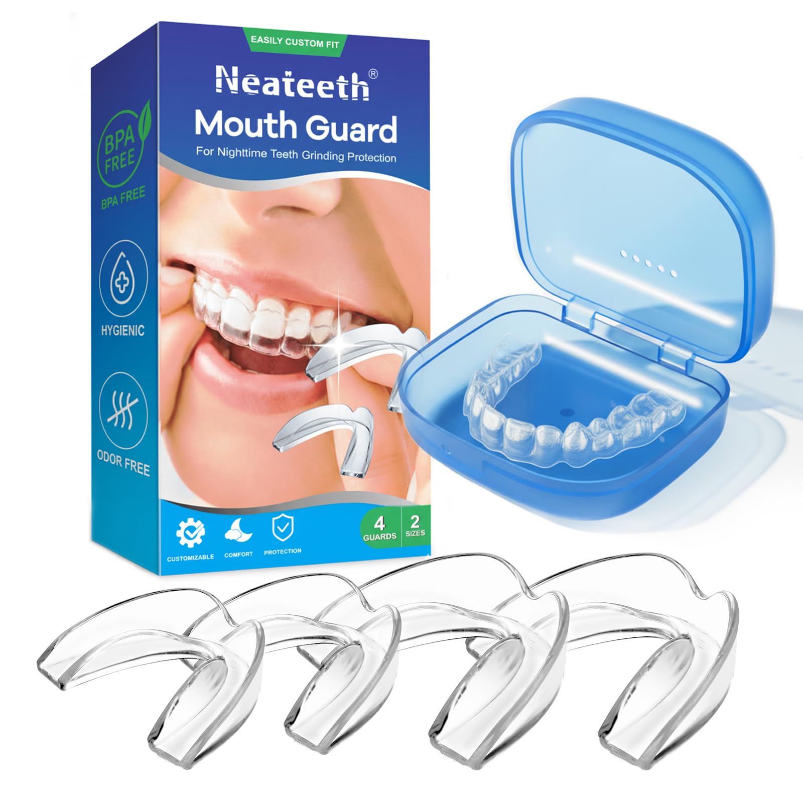 Mouth Guard for Grinding Teeth at Night, Neateeth Night Guards for Teeth Grinding & Clenching, Pack of 4 Dental Guards for Sleeping – 2 Sizes, Travel Case Included