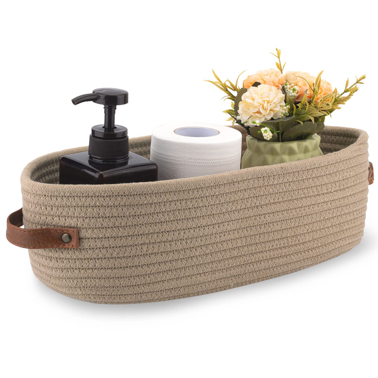 Photo 1 of Oradrem Storage Basket Boho Decor Baskets for Organizing Woven Decorative Basket for Countertop Toilet Paper Basket for Toilet Tank Top Shelf Basket with Handle Khaki