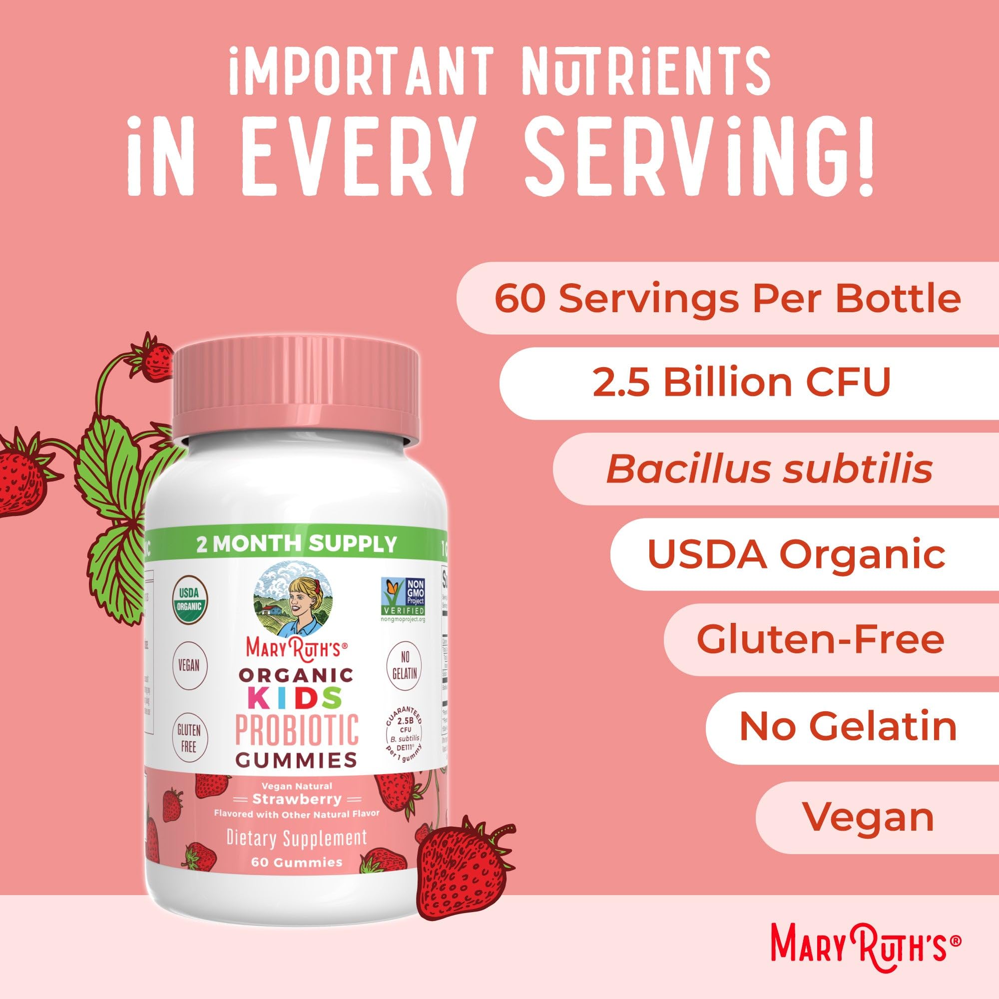 MaryRuth Organics Multivitamin and Probiotic Gummies (Strawberry) for Kids | Clean Label Project Verified® | Vitamins for Gut Health, Immunity, & Overall Wellness | Vegan, Non-GMO, Gluten Free