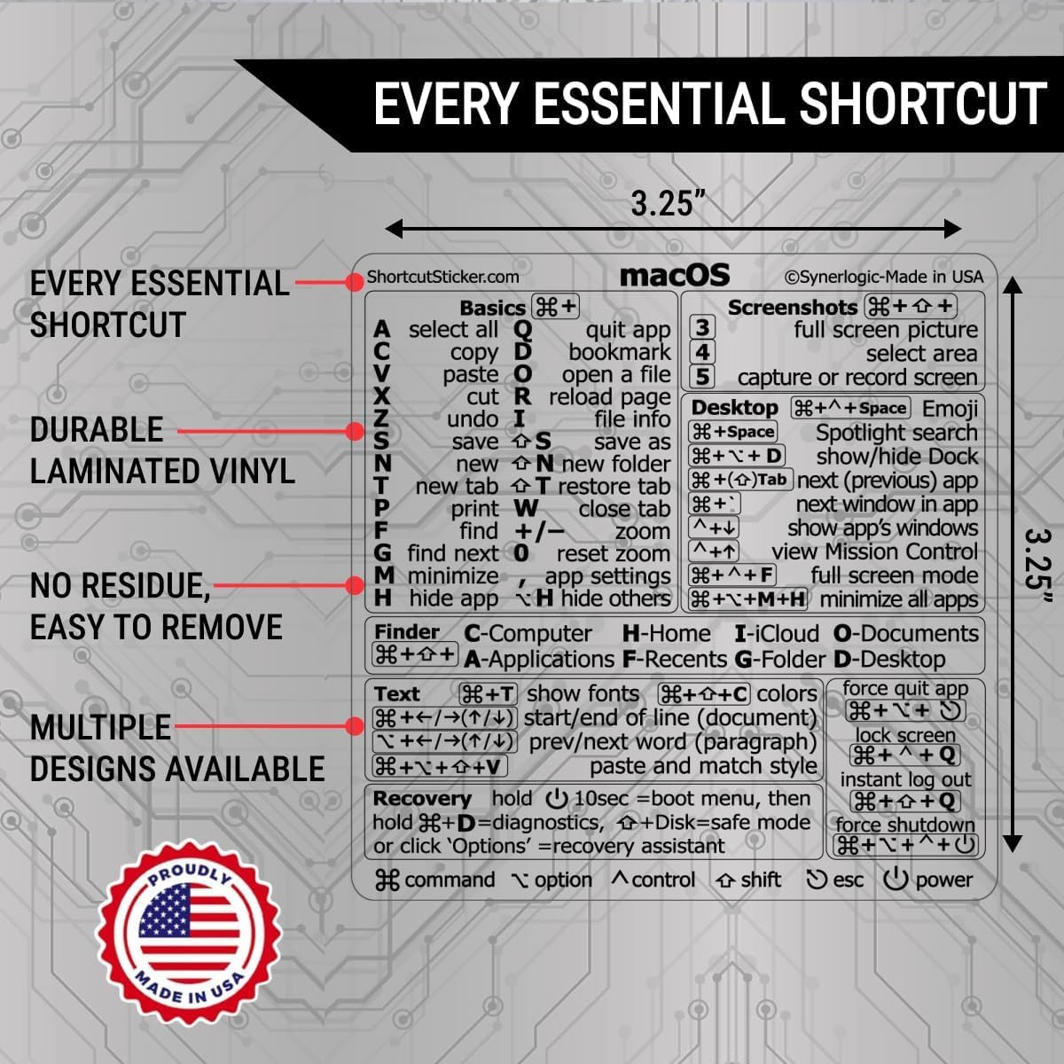 SYNERLOGIC Mac OS (Ventura/Monterey/Big Sur/Catalina/Mojave) Keyboard Shortcuts, No-residue Clear Vinyl Sticker, Compatible with 13-16-inch MacBook Air and Pro