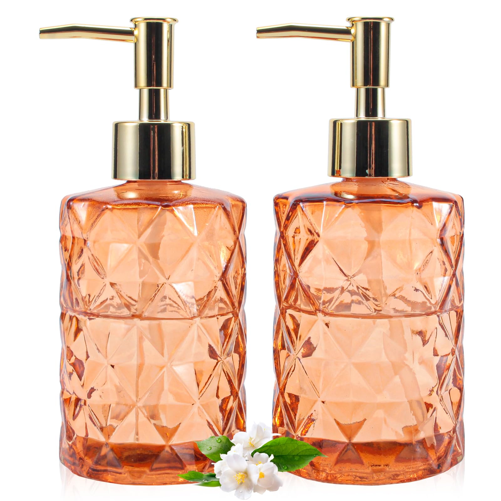 GOYISEE Glass Soap Dispenser - 2 Pack,12 Oz Diamond Design Glass Refillable Hand Soap Dispensers,Mouthwash & Lotion Dispensers for Kitchen, Bathroom (Amber)