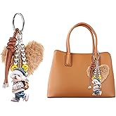 XIXIAOYAN Heart pom Keychain for Women Plush Bag Charm Set, Blue PU Leather Strap & Dog Tag | Cute Purse Charms for Handbags