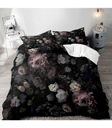 Skull Comforter Set King Size - Black White Skeleton Rose Bedding, 3 Piece Duvet With Pillowcases