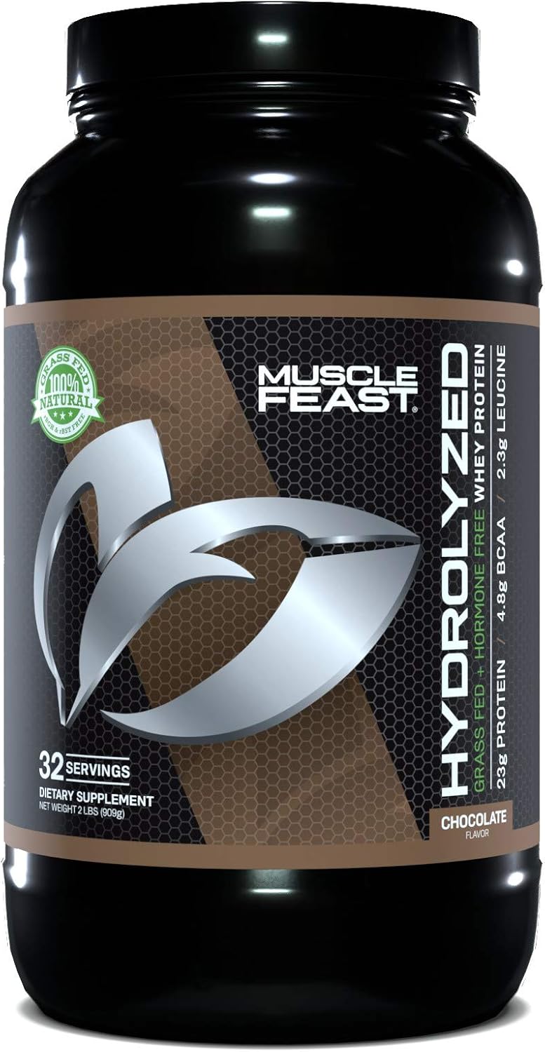MUSCLE FEAST Grass Fed Hydrolyzed Whey Protein, All Natural, Hormone Free, Fast Digesting, 100% Pure, 23g Protein, 114 Calories (Chocolate, 2lb)