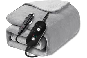 Sino Salected 12V/24V Heated Car Blanket, Electric Blanket Flannel Heating Throw for Car, SUV, RV, Camping, 60" x 44", Hi/M/Lo Heating Settings, Auto-Off Timer,Grey