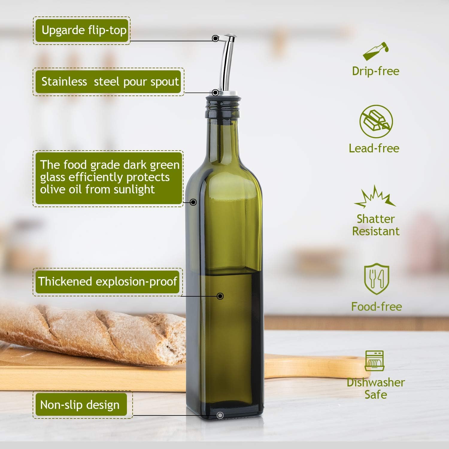 [2 PACK]Aozita 17 oz Glass Olive Oil Dispenser Bottle Set - 500ml Dark Green Oil & Vinegar Cruet Bottle with Pourers, Funnel and Labels - Olive Oil Carafe Decanter for Kitchen: Kitchen & Dining