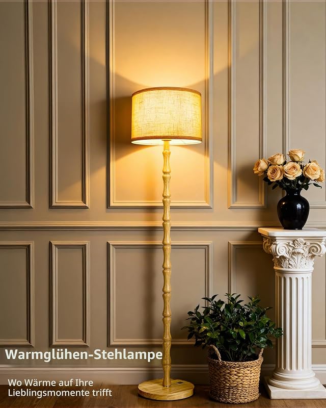 Boho Stehlampe aus Eiche Holz mit Beige Stoffschirm