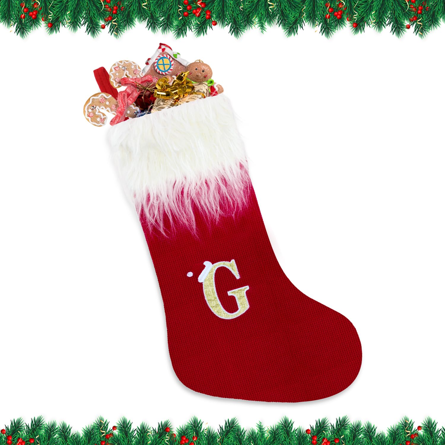 Alederways Christmas Stockings, 22" Red Monogram Knitted Xmas Personalized Embroidered Stockings, Knitted Velvet Xmas Stockings Red Fireplace Hanging Socks for Xmas Gift Christmas Decor (G)