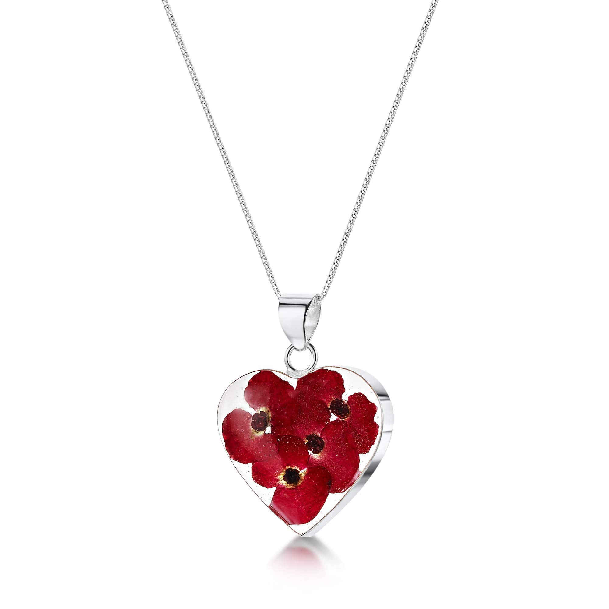 Shrieking Violet 925 Sterling Silver Small Heart Real Flower Pendant Necklace - Poppy (Red)