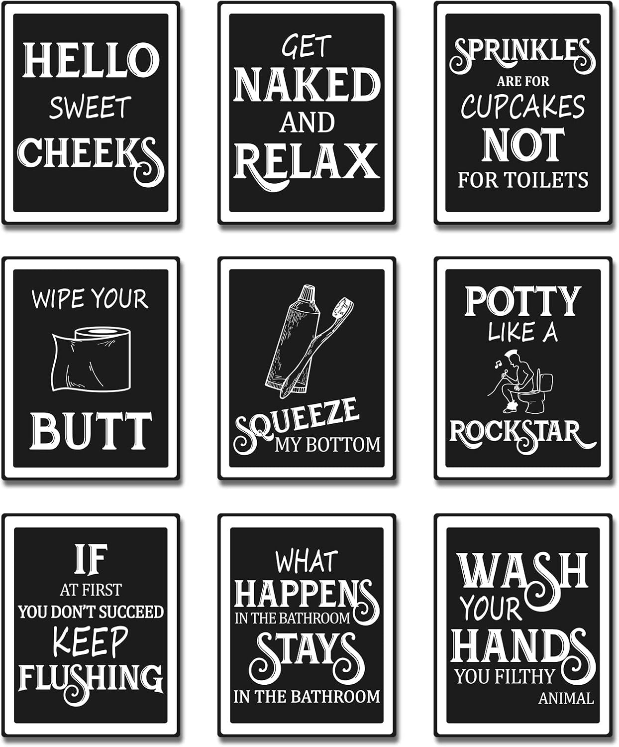 Wall Décor - 9 Pieces Bathroom Wall Art Wall Decor, Funny Vintage Bathroom Sign Bathroom Quotes Sayings Art Prints Bathroom Posters for Wall Restroom Bathroom Decor Pictures, Unframed (White Font)