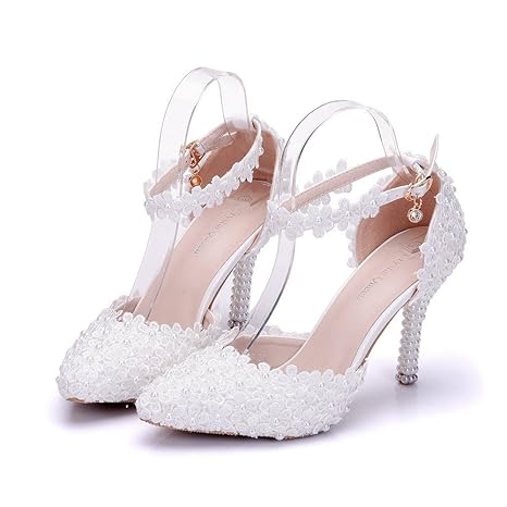 Damen Brautschuhe /Weiße Hochzeitsschuhe/Bequeme Strass High Heels/Pearl Silk Lace /Kristall Hochzeit Schuhe Braut Tipp fein 