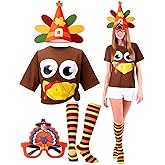 Chicingyou 4 Pcs Thanksgiving Turkey Costumes Set for Women Turkey Trot Outfit Hat T-Shirt Socks Sunglasses for Cosplay Party