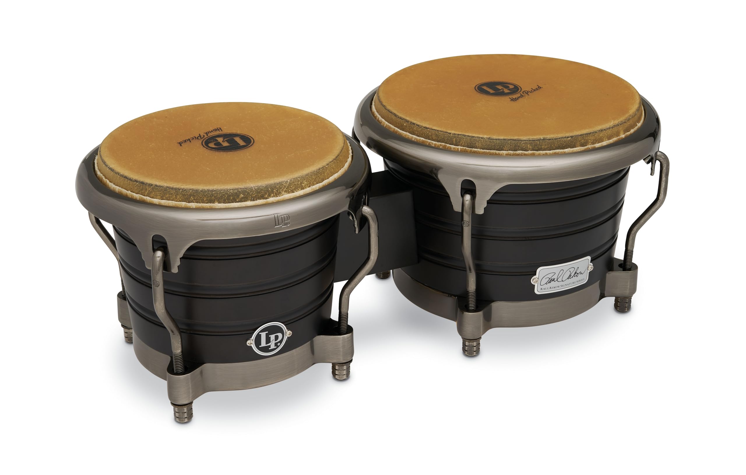 LP Latin Percussion Bongo Raul Rekow Signature 2016, 7,25" + 8,63" Naturfell, Neuseeländische Pinie, Finish: Dark Walnut/Dark Satin Chrome, Comfort Curve II, LP201AX-2RRB