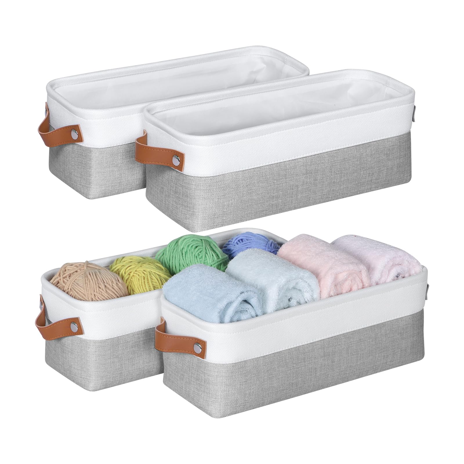 Univivi Small Storage Boxes, Fabric Storage Basket Set of 4 with Leather Handles, Storage Baskets for Shelves, Foldable Baskets for Toys, Clothes, Office Products and Other Sundries (White/Grey) — image 1