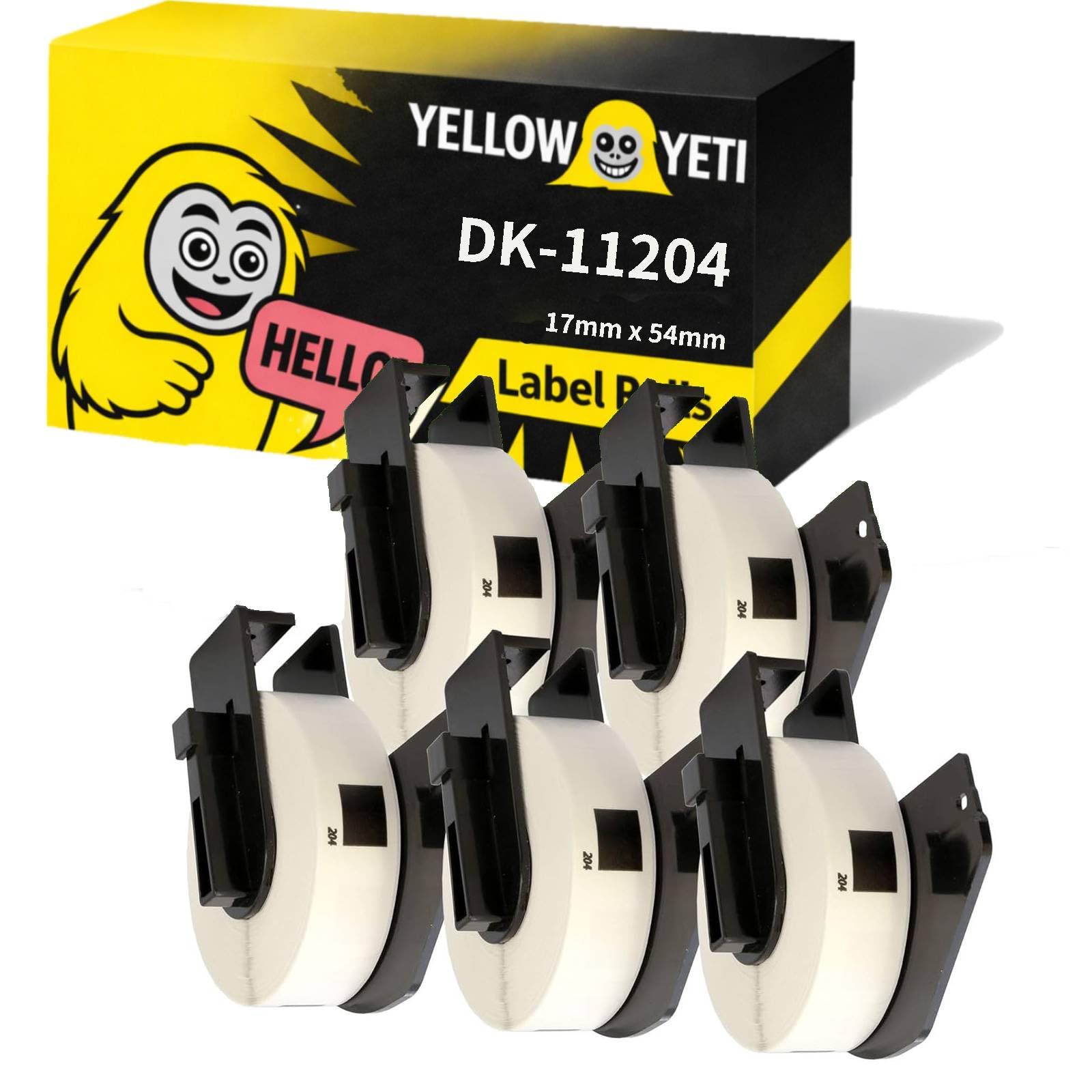 Yellow Yeti 5 Rolls DK-11204 17 x 54mm Labels Compatible with Brother P-Touch QL-500 QL-570 QL-700 QL-710W QL-720NW QL-800 QL-810W QL-820NWB QL-1050 QL-1060N QL-1100 QL-1110NWB | 400 Labels per Roll