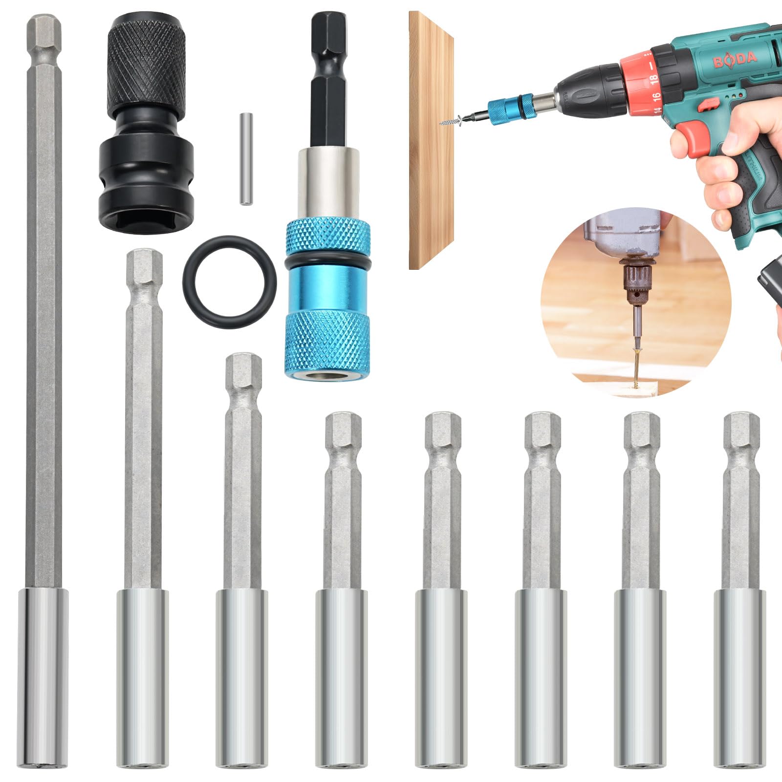 REJOECE 10 PCS Magnetic Extension Bit Holder Set, Magnetic Drill Bit Holder, Electric Drill Screwdriver Extension, 1/4 Inch Hex Bit Holder Impact Extension for Drill Impact Driver(150/100/75/66/60mm)