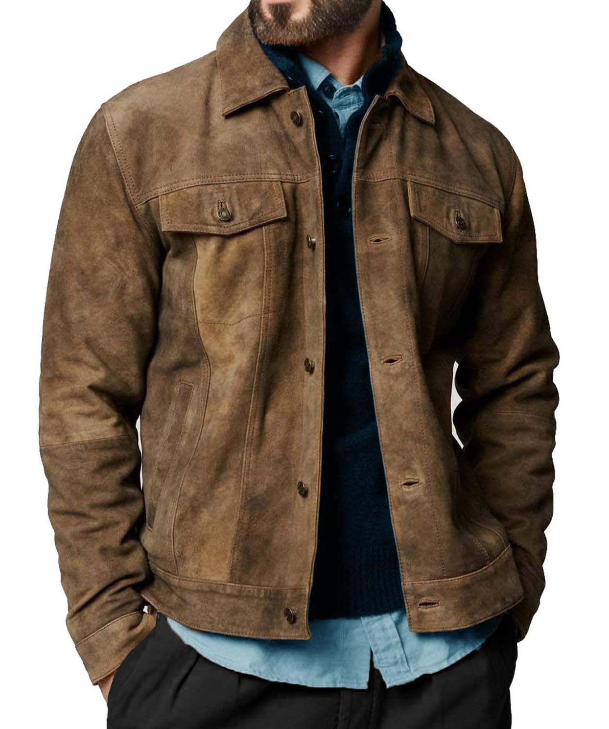 Photo 1 of Cheemaz Suede Jacket for Men - Premium Suede Leather Bomber Jacket | Trucker Coat for Mens (as1, alpha, Large, regular, regular, Khaki)