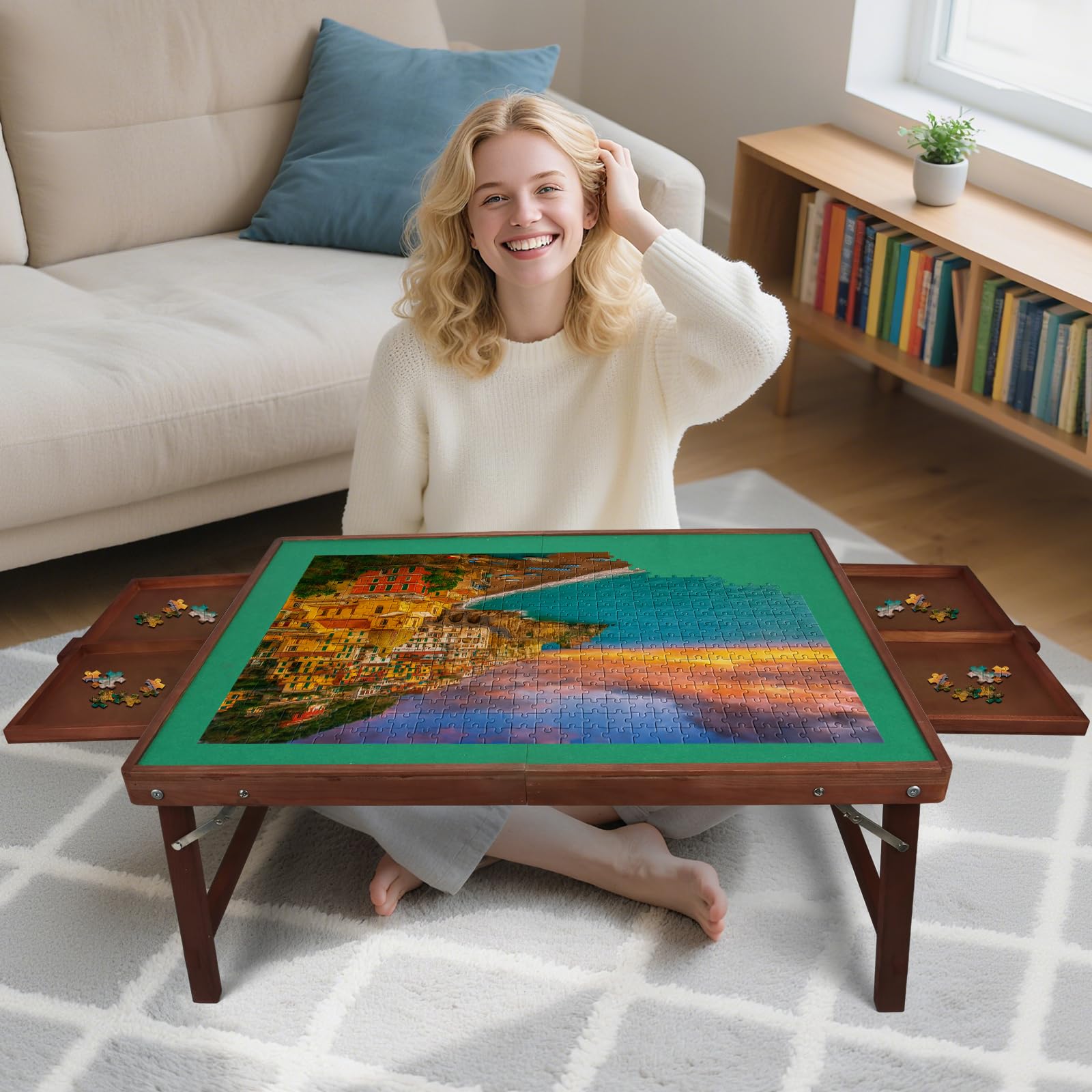 Photo 1 of 1500 Piece Puzzle Table with Legs, 35" x 26" Wooden Jigsaw Puzzle Board with Drawers, Cover & Felt, Portable Puzzle Table with Folding Legs for Adults and Teens, Christmas Birthday Gift