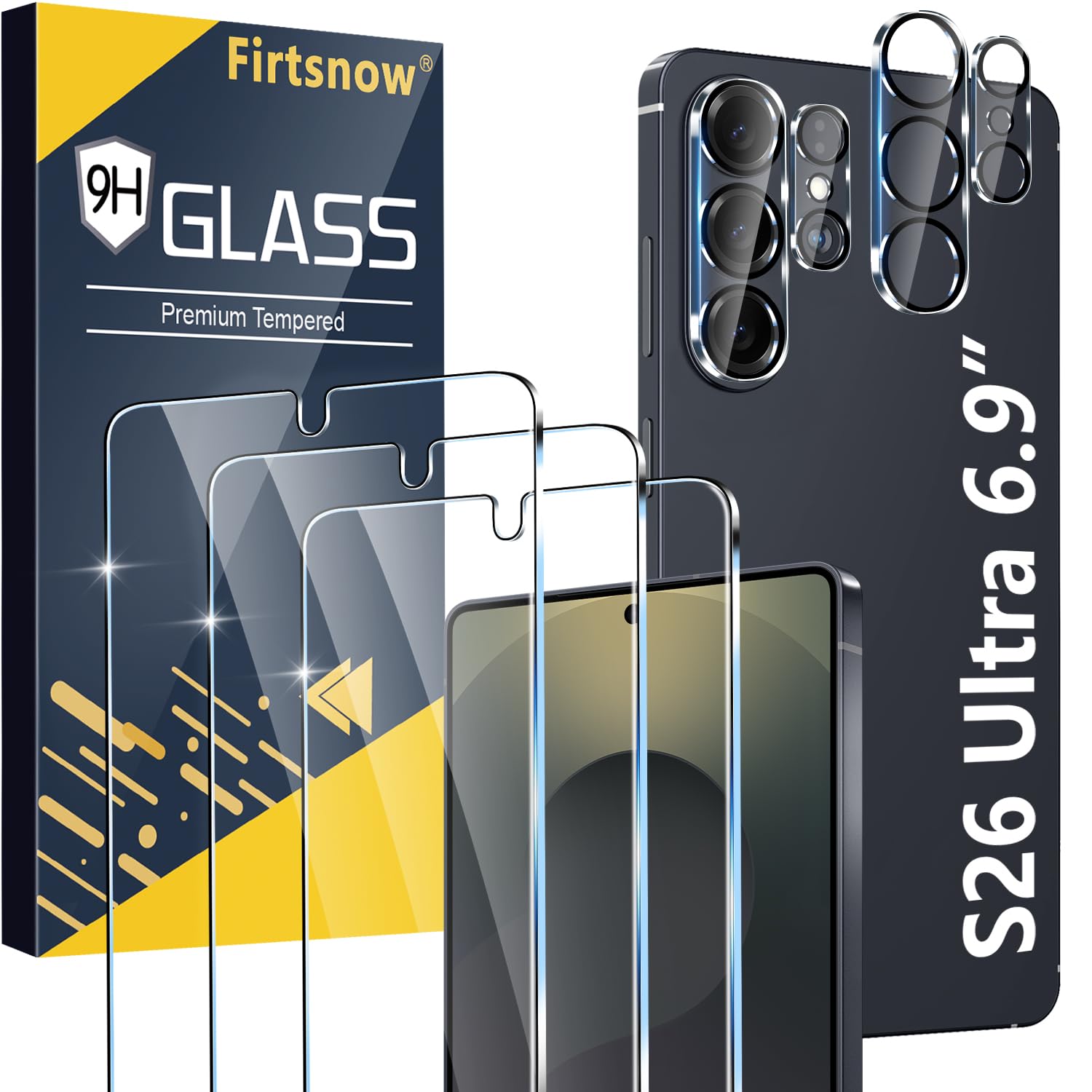 Photo 1 of firtstnow 3 Pack for Samsung Galaxy S26 Ultra Screen Protector Tempered Glass + 3 Pack Camera Lens Protector, Military Grade Shatterproof, 9H Hardness, Fingerprint Unlock,Case Friendly 6.9 Inch
