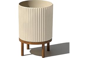 Veradek Demi Series Round Planter w/Stand for Porch/Patio | Durable Plastic-Stone Composite & Wooden Stand | Modern Décor for