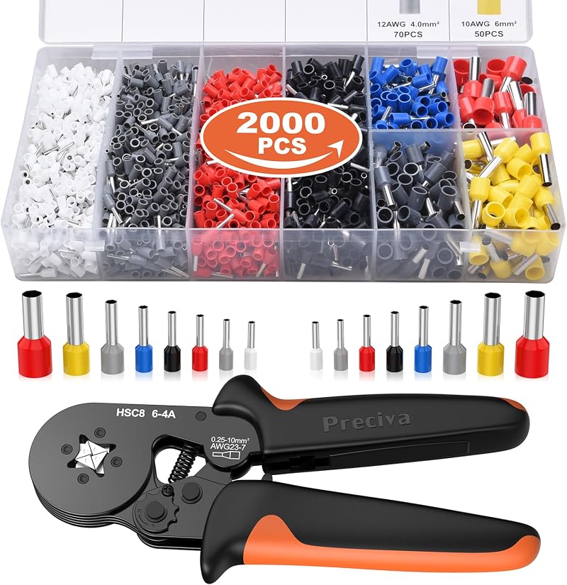 Preciva Crimping Tool Set 2000 Ferrules Self-Adjusting Ratchet 0.25-10mm²